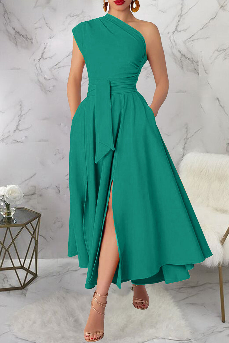 Slit Oblique Collar Long Dresses(3 Colors)