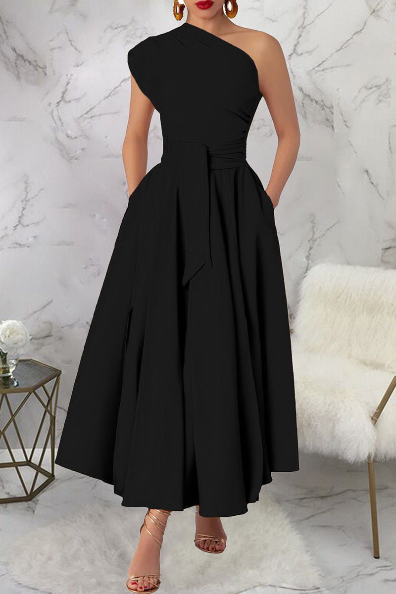 Slit Oblique Collar Long Dresses(3 Colors)