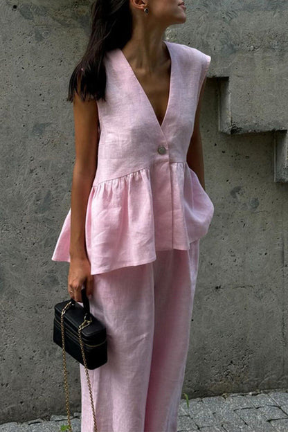 Buttons V Neck Sleeveless Two Pieces