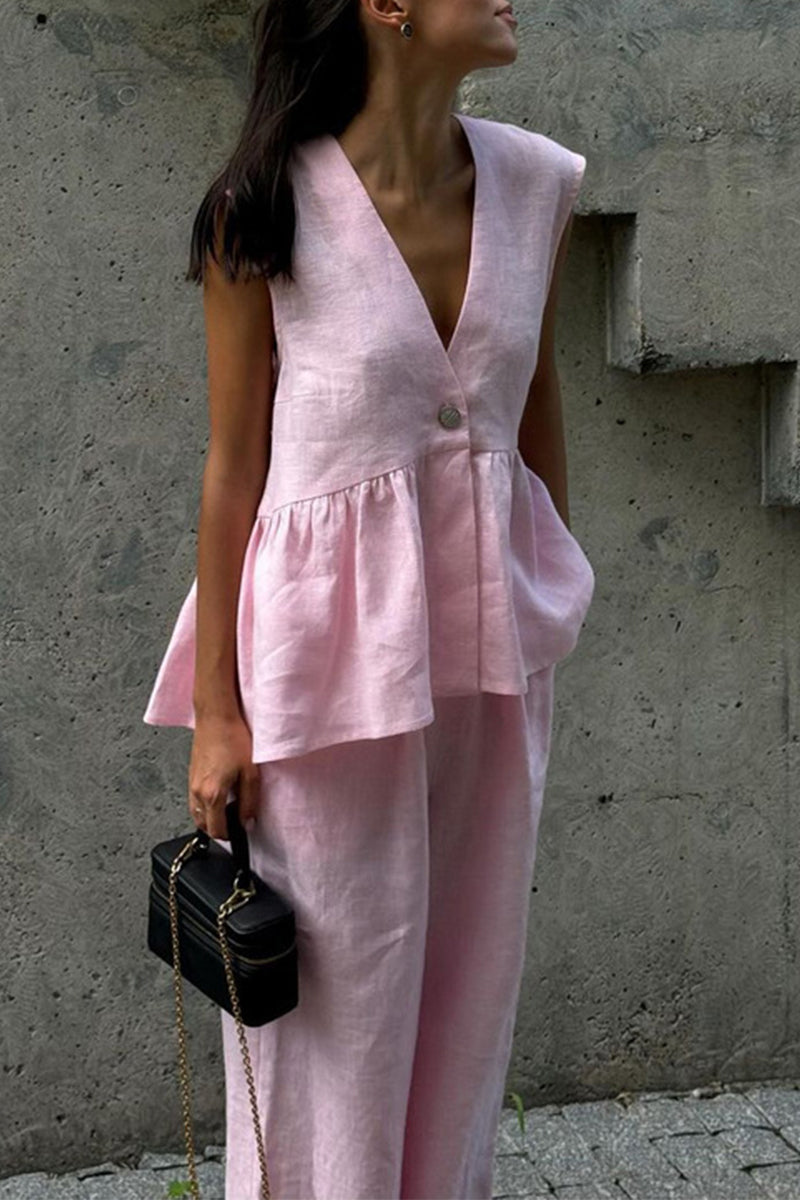 Buttons V Neck Sleeveless Two Pieces