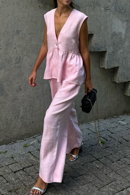 Buttons V Neck Sleeveless Two Pieces