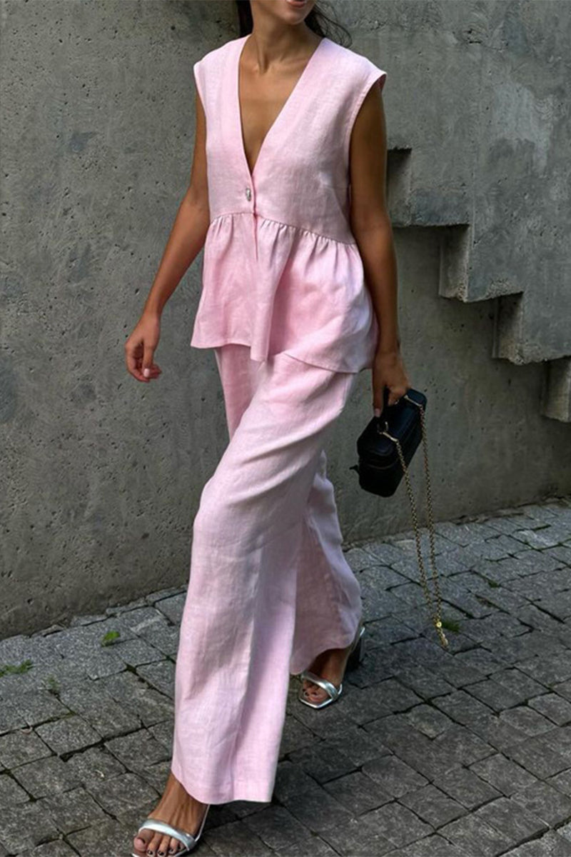Buttons V Neck Sleeveless Two Pieces
