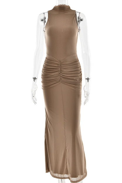 Ruched Mesh Half a Turtleneck Wrapped Skirt Dresses