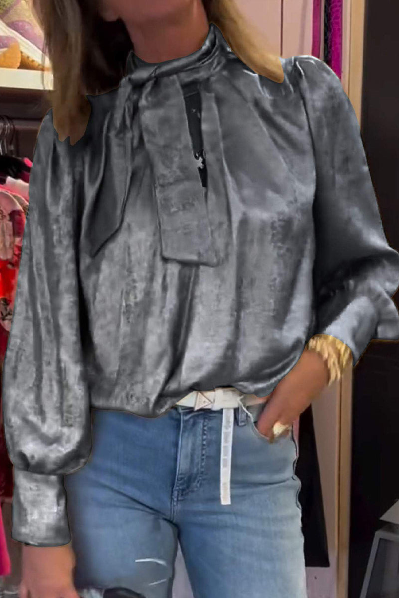 Bronzing Pattern Lace Up Tie Neck Blouses