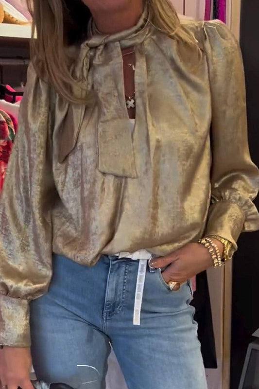 Bronzing Pattern Lace Up Tie Neck Blouses