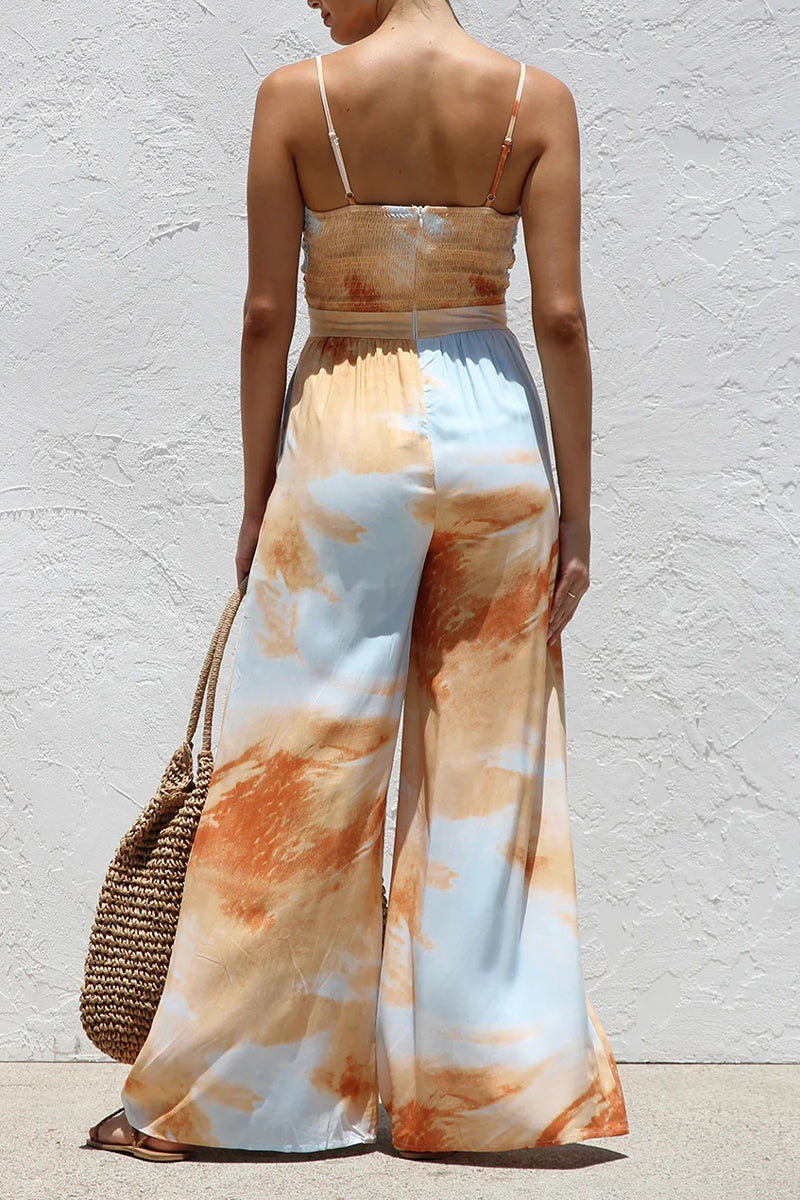 Tie Dye Print Pocket Lace Up V Neck Loose Jumpsuits