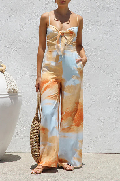 Tie Dye Print Pocket Lace Up V Neck Loose Jumpsuits
