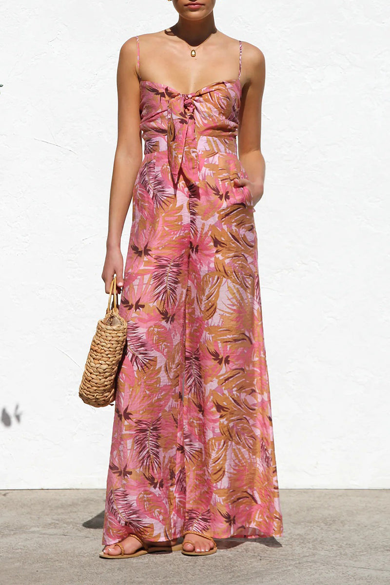 Vacation Print Pocket Contrast V Neck Loose Jumpsuits