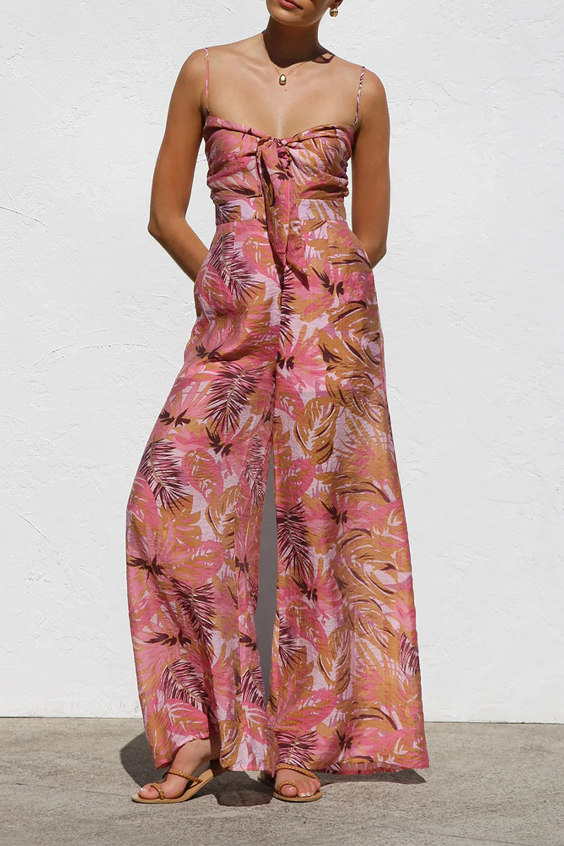 Vacation Print Pocket Contrast V Neck Loose Jumpsuits