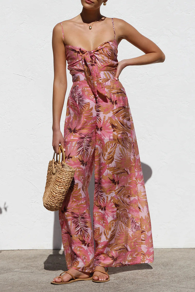 Vacation Print Pocket Contrast V Neck Loose Jumpsuits