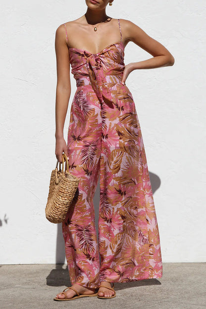 Vacation Print Pocket Contrast V Neck Loose Jumpsuits
