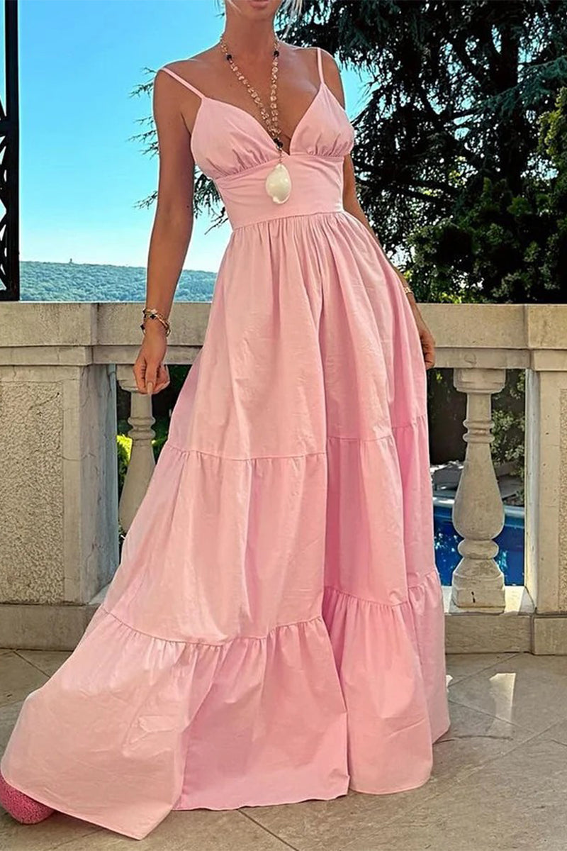 Color Backless Flounce V Neck Waist Skirt Dresses