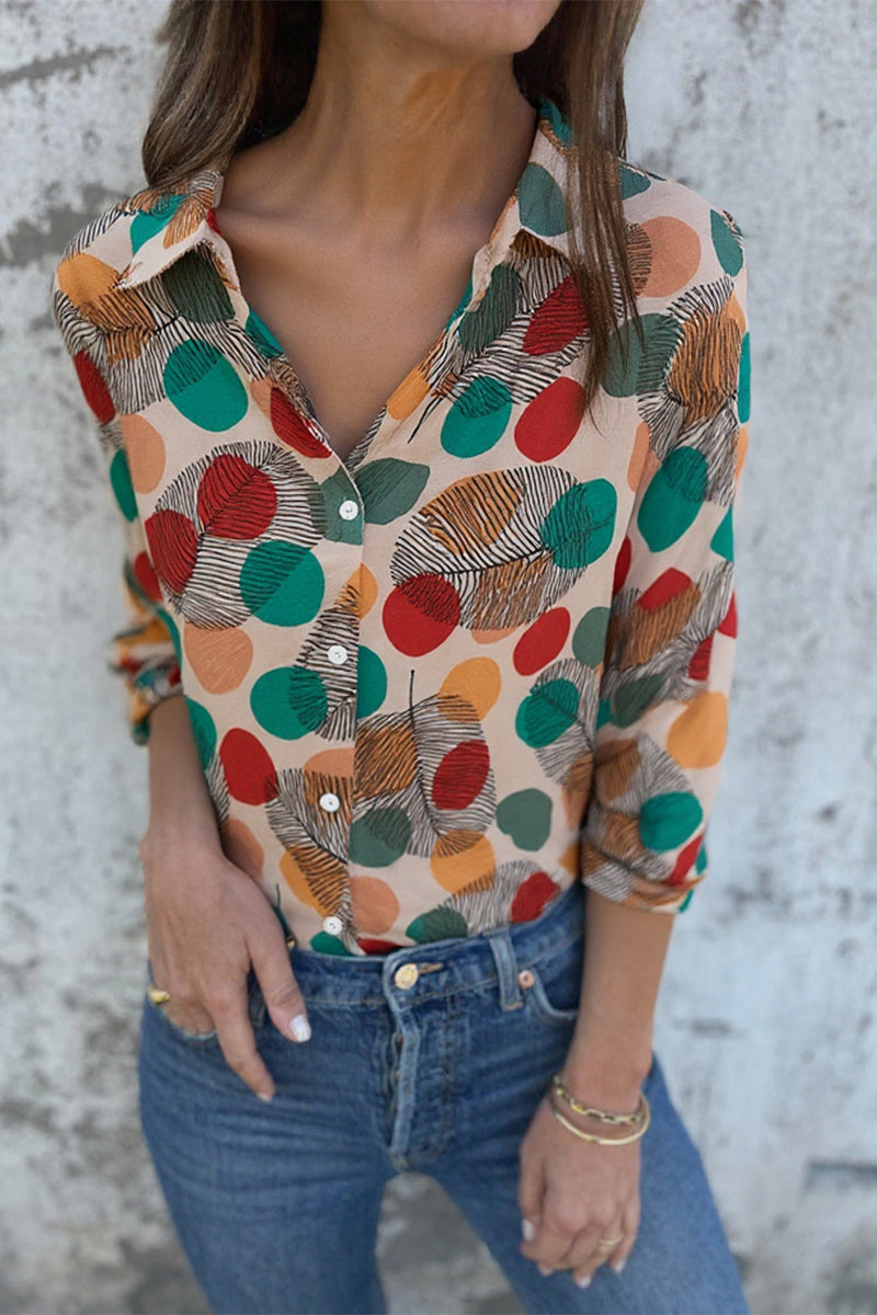 Polka Dot Leaf Print Buttons Contrast Turndown Collar Blouses