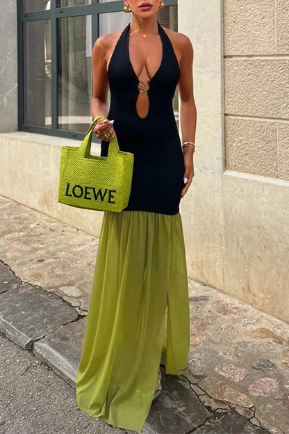 Color Patchwork Backless Contrast Halter Long Dresses