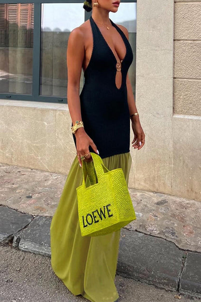 Color Patchwork Backless Contrast Halter Long Dresses
