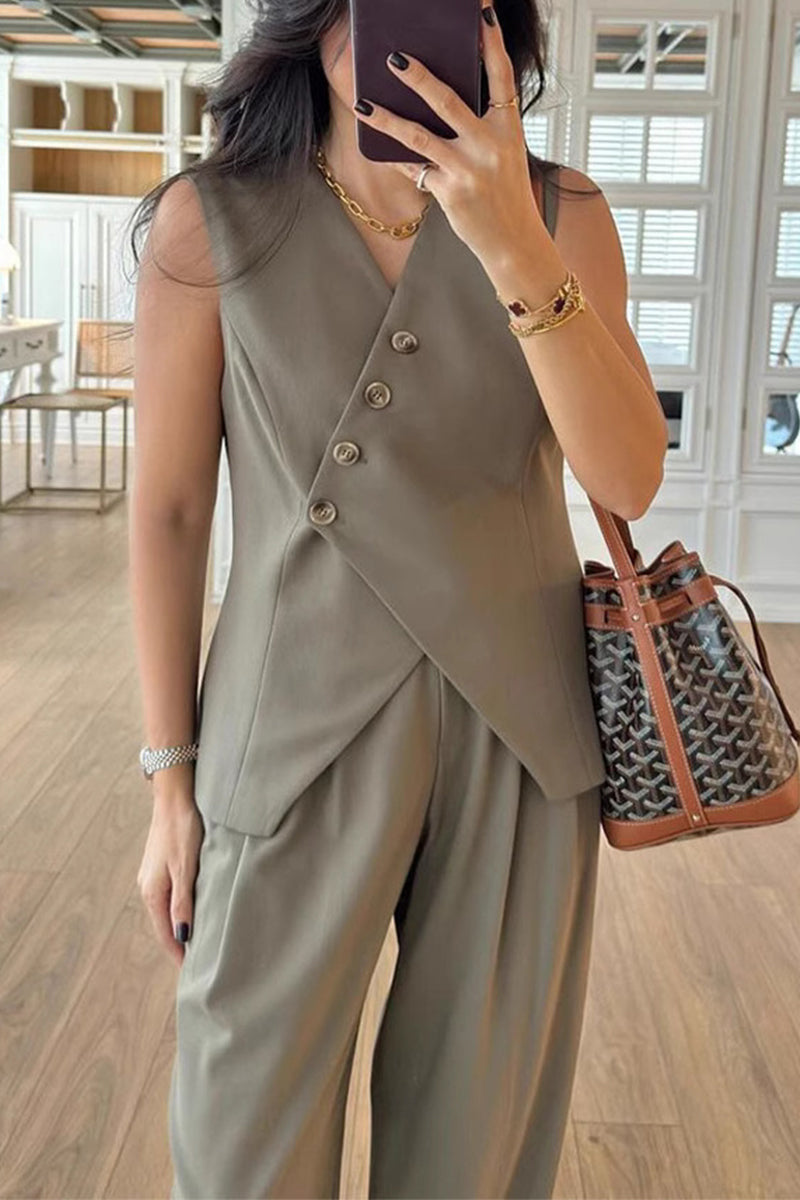 Color Buttons V Neck Sleeveless Two Pieces
