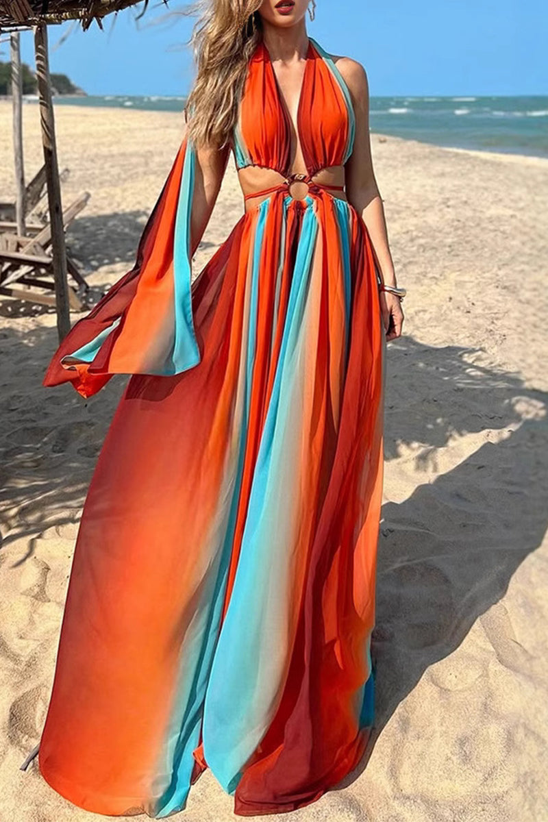 Stripe Patchwork Backless Contrast Halter Long Dresses