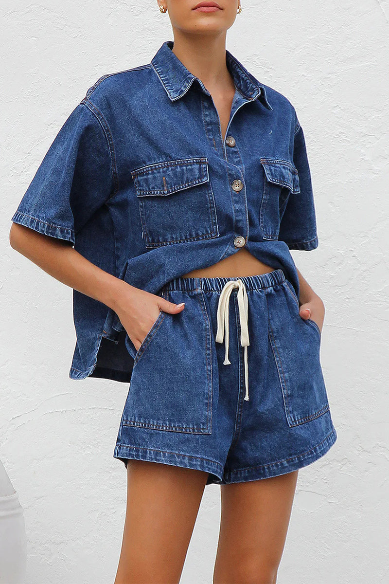 Distressed Draw String Pocket Turndown Collar Short Sleeve Two Pieces