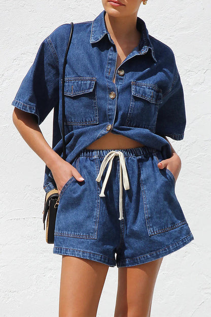 Distressed Draw String Pocket Turndown Collar Short Sleeve Two Pieces
