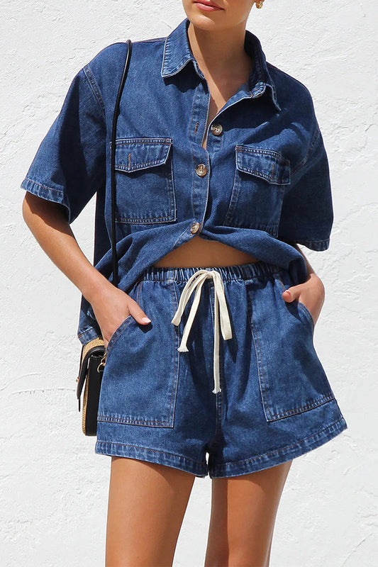 Distressed Draw String Pocket Turndown Collar Short Sleeve Two Pieces
