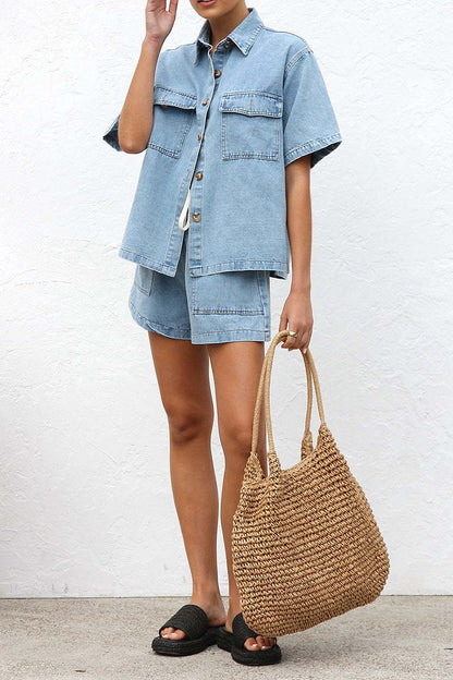 Distressed Draw String Pocket Turndown Collar Short Sleeve Two Pieces