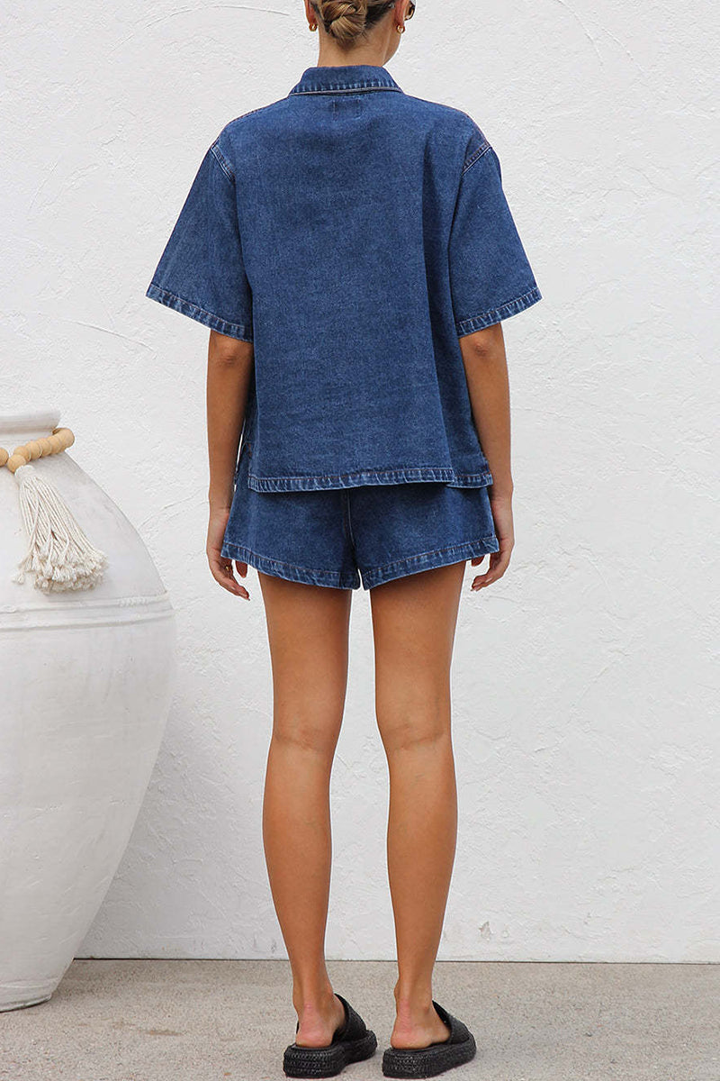 Distressed Draw String Pocket Turndown Collar Short Sleeve Two Pieces
