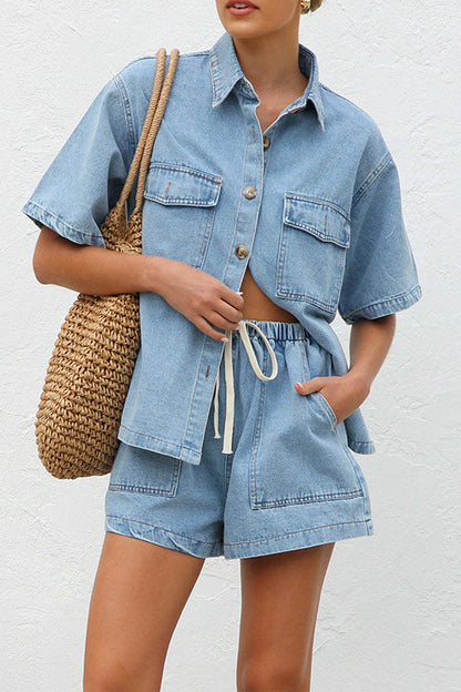 Distressed Draw String Pocket Turndown Collar Short Sleeve Two Pieces
