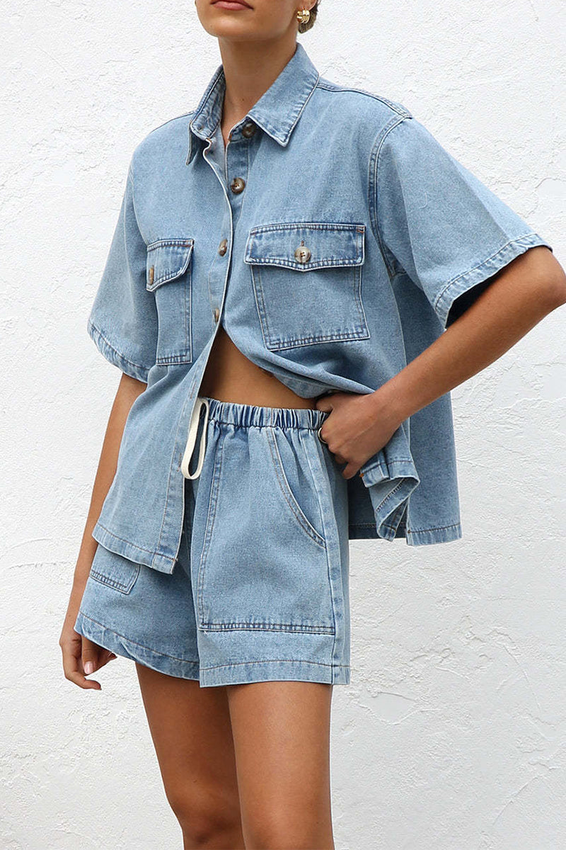 Distressed Draw String Pocket Turndown Collar Short Sleeve Two Pieces