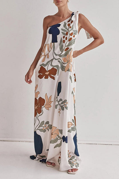 Print Pocket Lace Up Sloping Shoulder Long Dresses