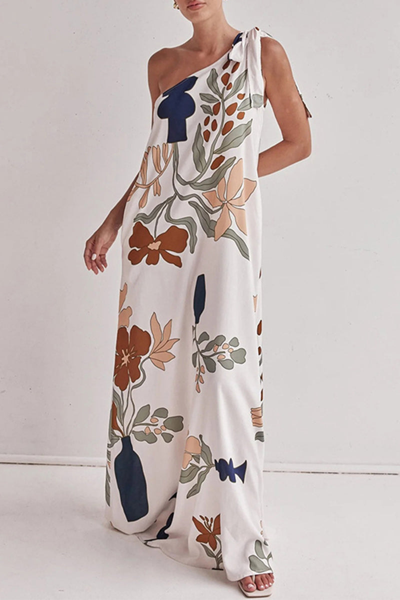 Print Pocket Lace Up Sloping Shoulder Long Dresses