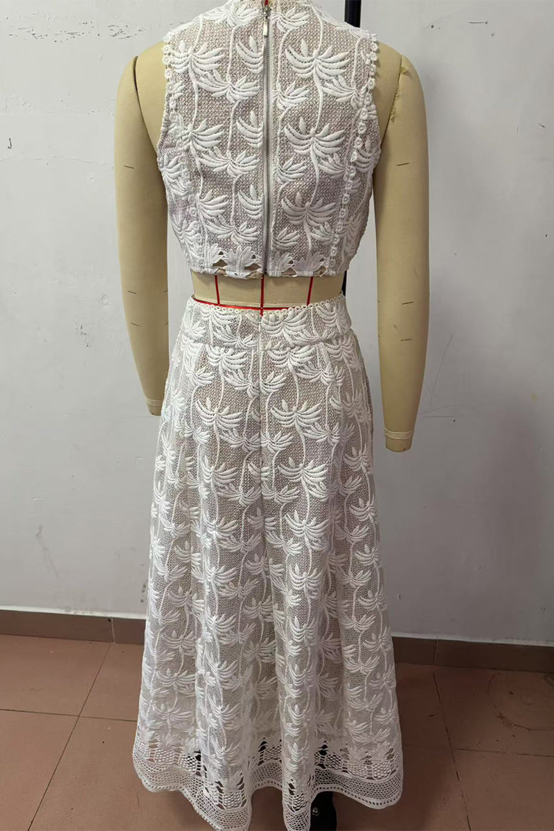 Flowers Embroidered Pocket Zipper O Neck Sleeveless Two Pieces