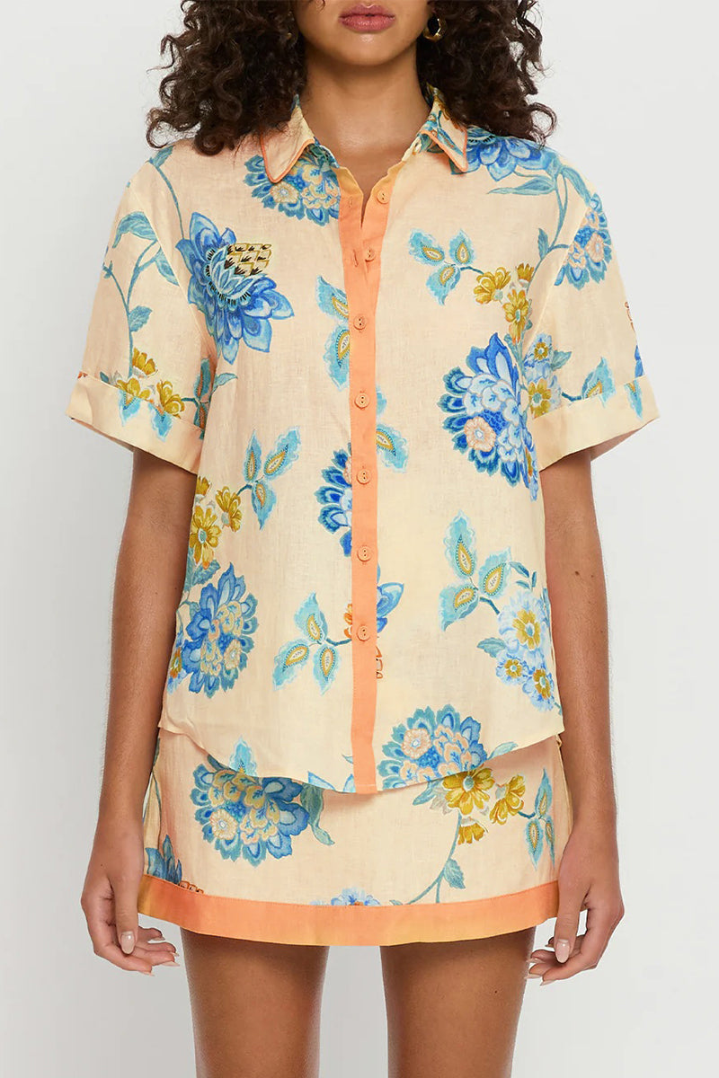 Vacation Print Buttons Contrast Turndown Collar Short Sleeve Two Pieces