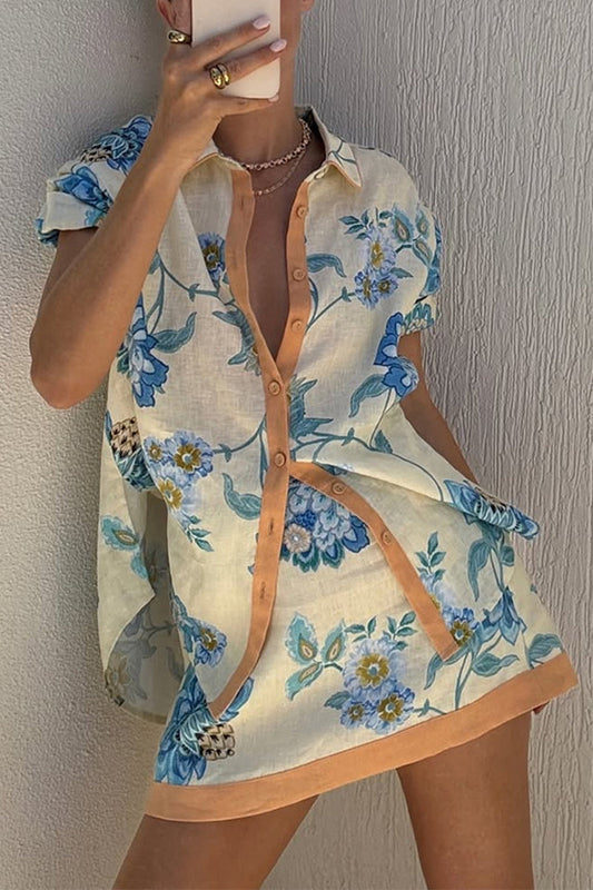 Vacation Print Buttons Contrast Turndown Collar Short Sleeve Two Pieces