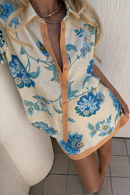 Vacation Print Buttons Contrast Turndown Collar Short Sleeve Two Pieces
