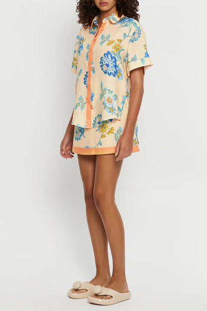 Vacation Print Buttons Contrast Turndown Collar Short Sleeve Two Pieces