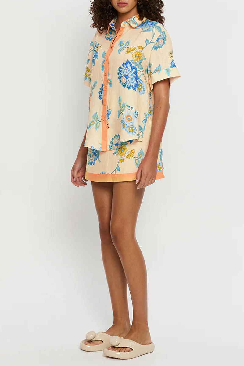 Vacation Print Buttons Contrast Turndown Collar Short Sleeve Two Pieces