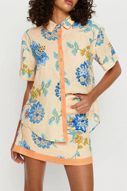 Vacation Print Buttons Contrast Turndown Collar Short Sleeve Two Pieces