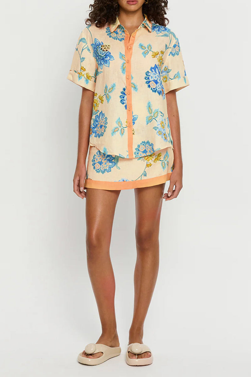 Vacation Print Buttons Contrast Turndown Collar Short Sleeve Two Pieces