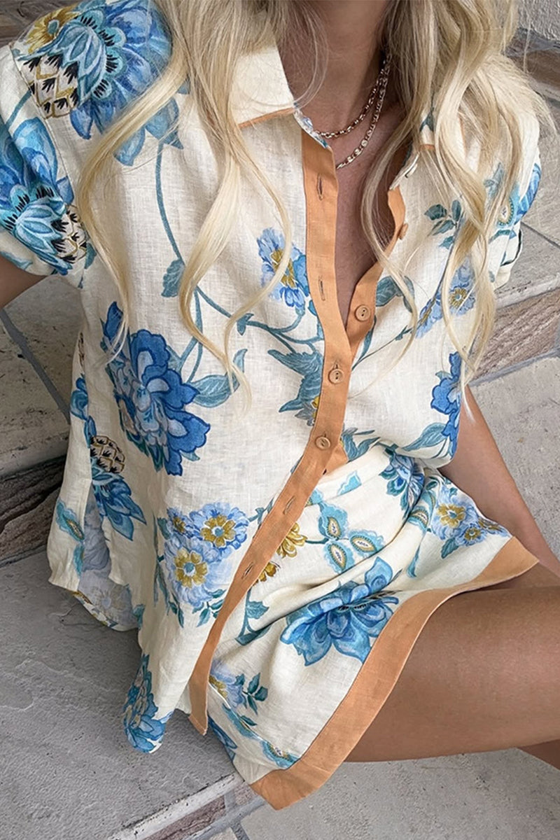 Vacation Print Buttons Contrast Turndown Collar Short Sleeve Two Pieces