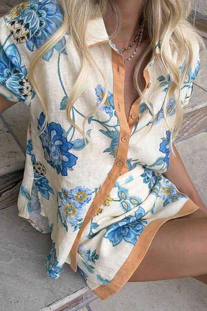 Vacation Print Buttons Contrast Turndown Collar Short Sleeve Two Pieces