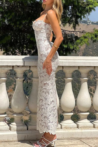Lace Strap Design V Neck Long Dresses