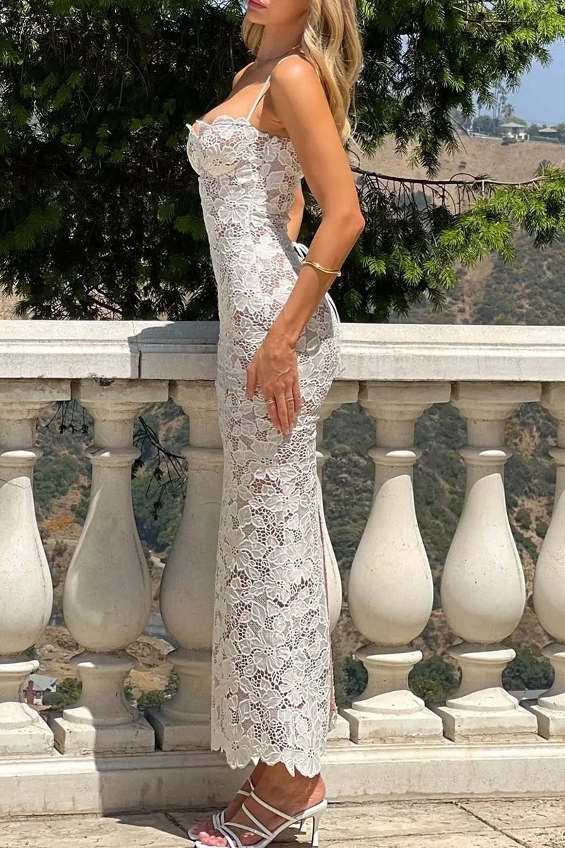 Lace Strap Design V Neck Long Dresses