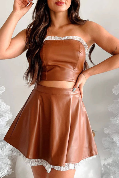 Lace Patchwork Zipper Strapless Sleeveless Two Pieces