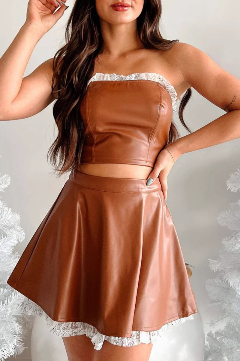 Lace Patchwork Zipper Strapless Sleeveless Two Pieces