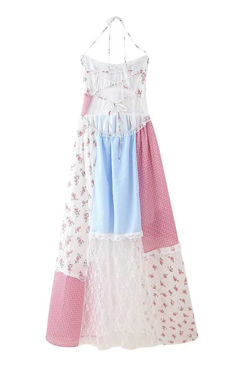 Print Lace Draw String Backless Contrast Halter Long Dresses