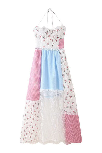 Print Lace Draw String Backless Contrast Halter Long Dresses