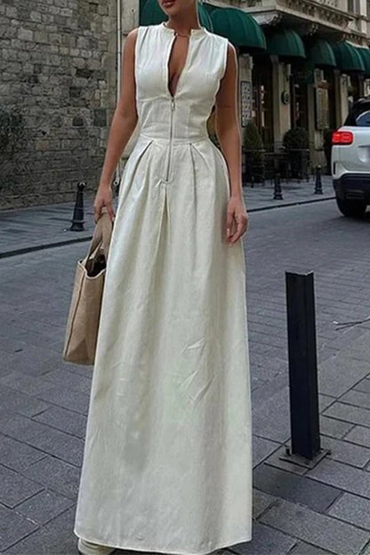 Street Pocket Zipper O Neck Long Dresses(3 Colors)