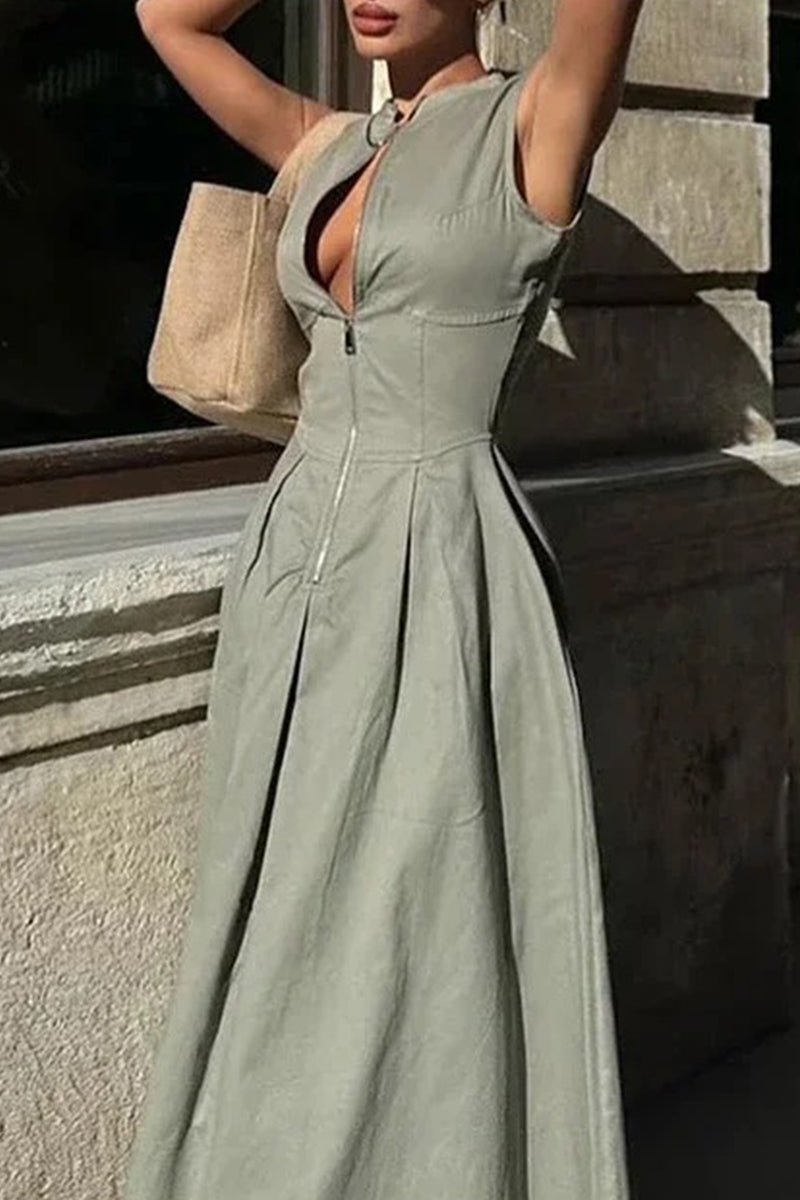 Street Pocket Zipper O Neck Long Dresses(3 Colors)