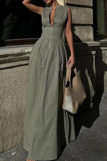 Street Pocket Zipper O Neck Long Dresses(3 Colors)