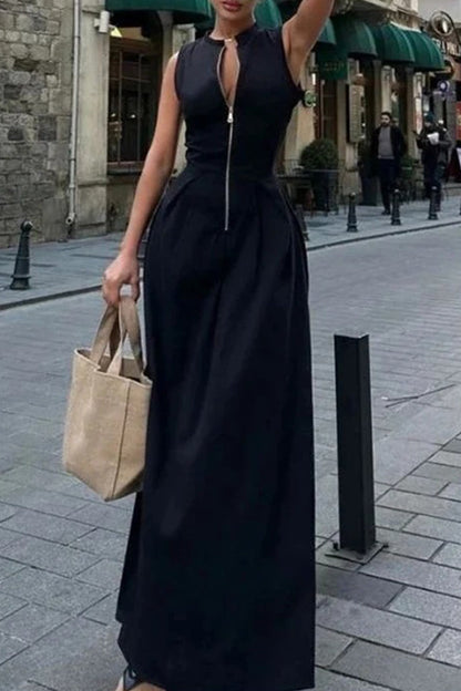 Street Pocket Zipper O Neck Long Dresses(3 Colors)